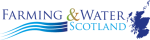 The Farming and Water Scotland logo with wavy blue lines and a dark blue image of the map of Scotland