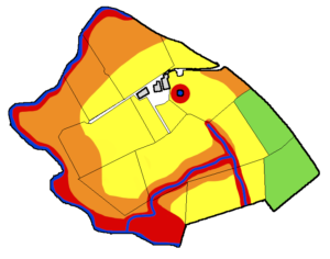 An infographic of a RAMS map - a map outlining the fields of the farm, all colour coded in traffic light colours to reflect the potential risk of pollution when spreading slurry, manures or artificial fertilisers.