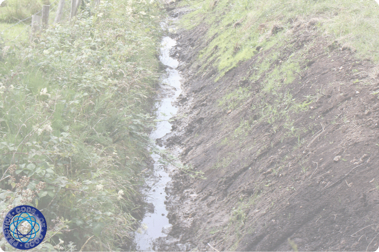 A recently cleaned out ditch with water flowing along the bottom.