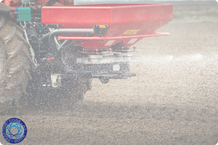 A red fertiliser sower attached to a tractor, in use spreading over a cultivated field.