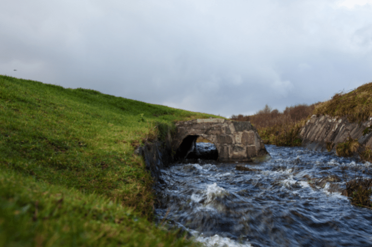 A farmland watercourse with grassland growing down a riverbank to the water and a rocky face on the other side.