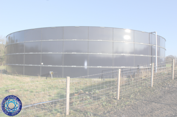 An above ground metal slurry store with the round PEPFAA Code of good practice logo embedded in the corner of the photo.