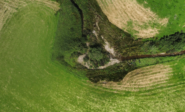 Drone image of meander in burn. Showing sediment deposition on south west bend of burn. Either side of burn shows two good agricultural fiends currently at risk of erosion from burn.